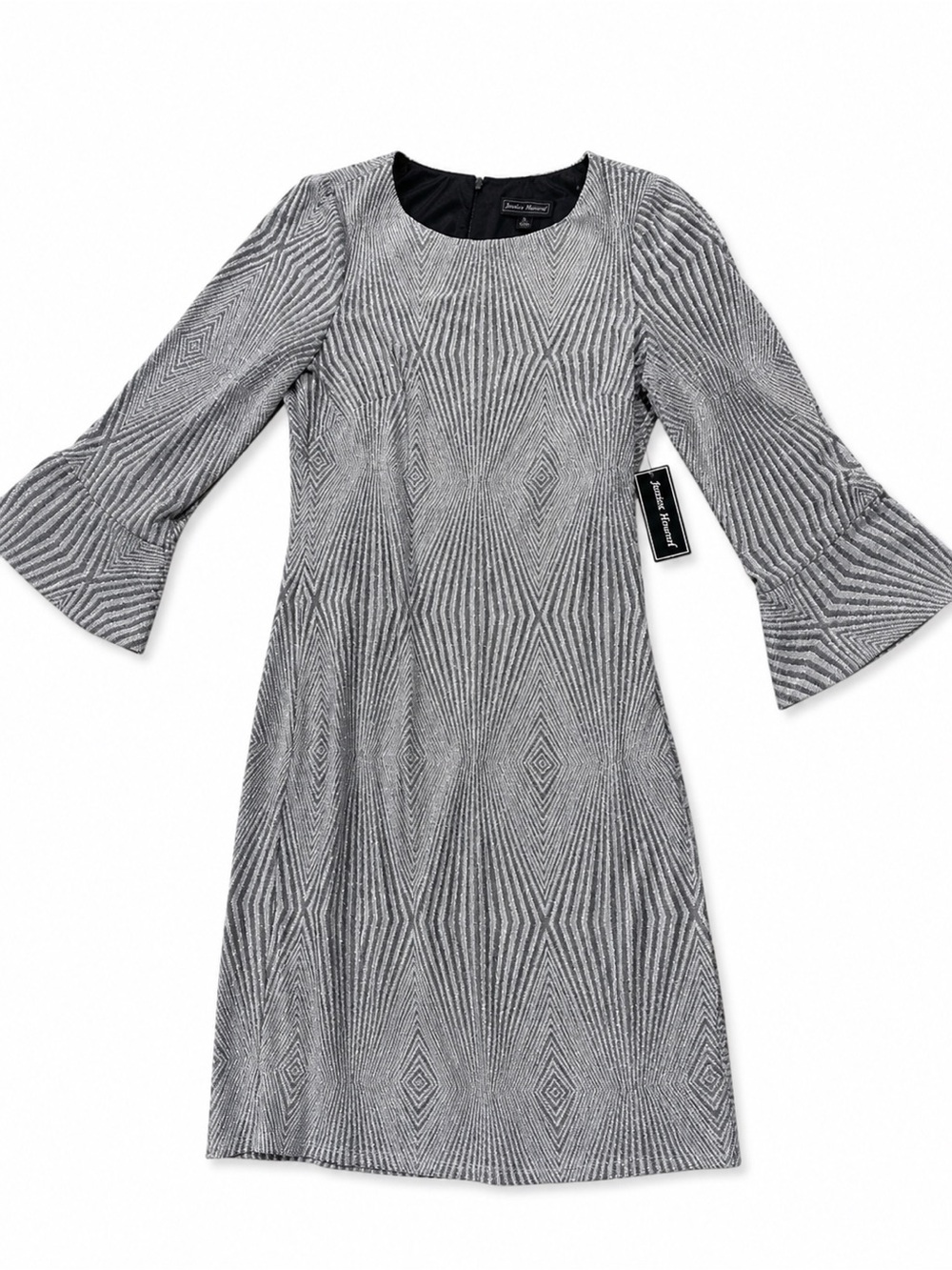 Jessica Howard Silver Metallic Geometric Long Sleeve Midi Dress